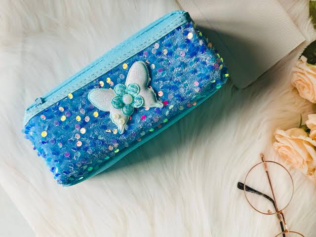 Blue Sequin Butterly Pencil Pouch