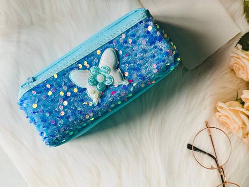 Blue Sequin Butterly Pencil Pouch